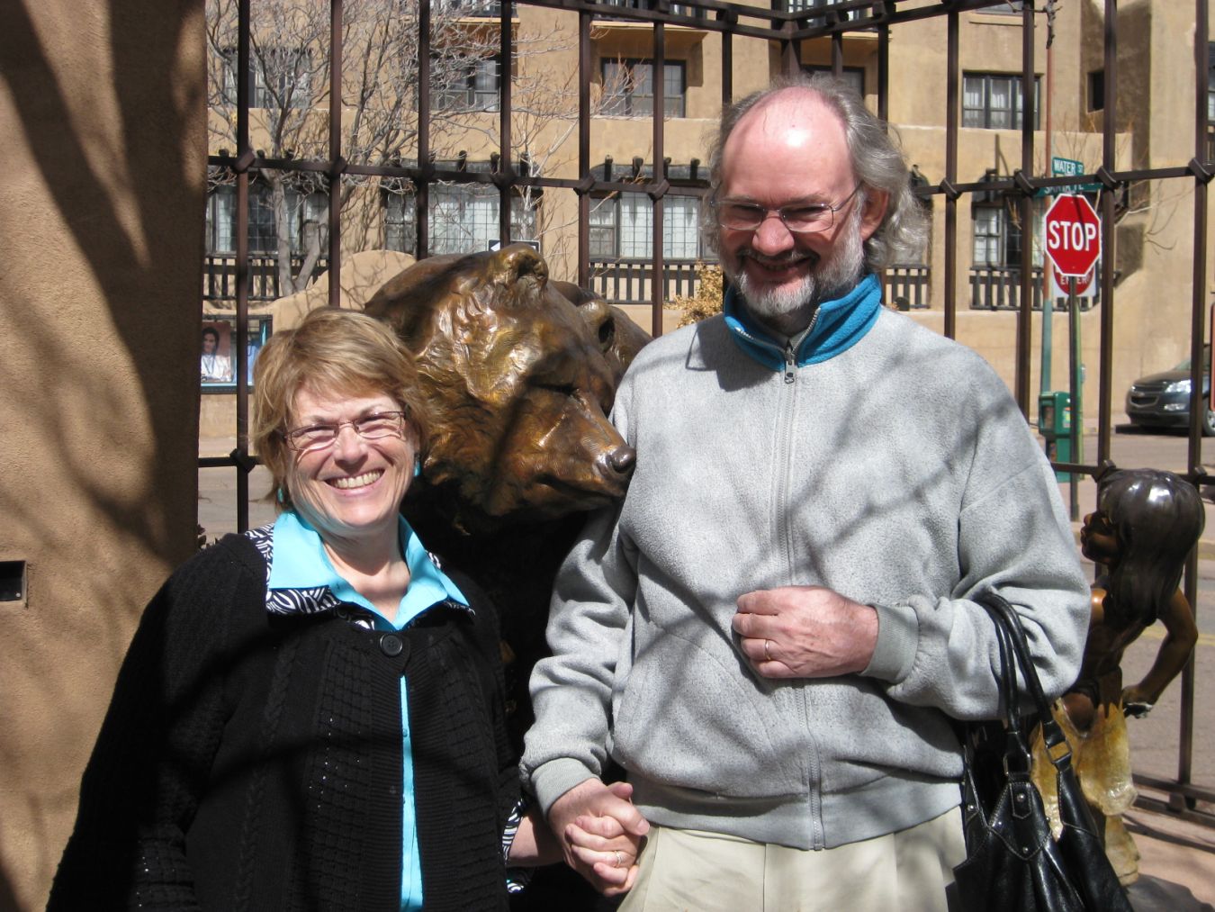 Judy, a sculpture of a bear, and me in Sante Fe, New Mexico.